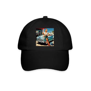 Retro Pinup am Oldtimer - Baseballkappe - Schwarz/Schwarz - Vorne