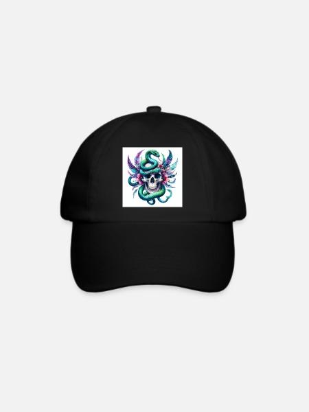 Aquarell Totenkopf und Schlange - Baseballkappe - Schwarz/Schwarz
