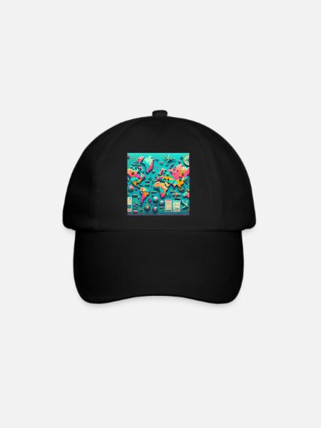 Futuristische Weltkarte mit Reise-Symbolen - Baseballkappe - Schwarz/Schwarz