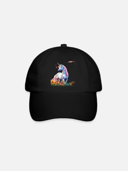 Himmlisches Einhorn im Blumenfeld mit Schmetterlin - Baseballkappe - Schwarz/Schwarz