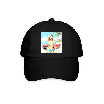 Frau am Strand mit Oldtimer - Baseballkappe - Schwarz/Schwarz - Vorne