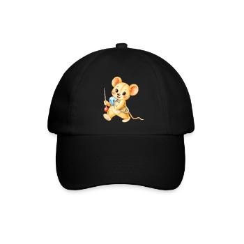 Maus - Nähmaus mit Nadel und Faden - Baseballkappe - Schwarz/Schwarz - Vorne