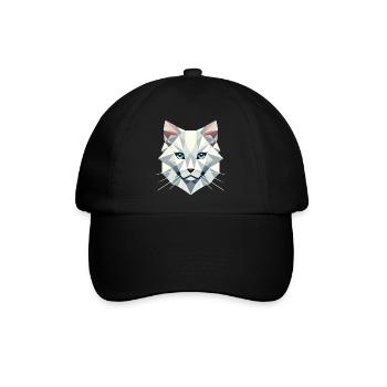 Geometrische Eleganz: Weiße Katze in Facetten - Baseballkappe - Schwarz/Schwarz - Vorne