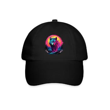 Wolf Nacht Mond Neon Wolfskopf Wald Natur Berge - Baseballkappe - Schwarz/Schwarz - Vorne