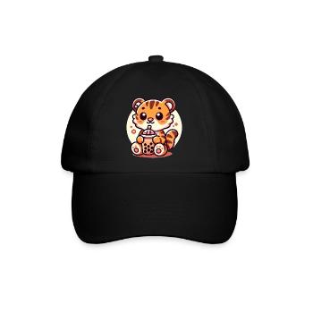 Süßer Tiger Boba Tee Illustration - Baseballkappe - Schwarz/Schwarz - Vorne