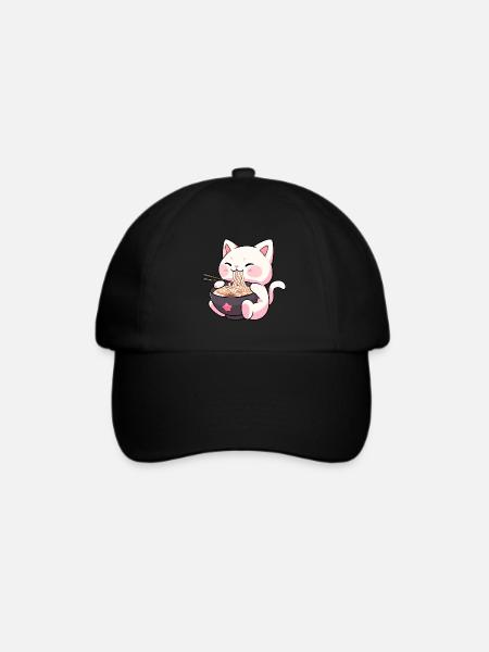 Niedliche Kawaii Katze isst Ramen - Anime Shirt - Baseballkappe - Schwarz/Schwarz