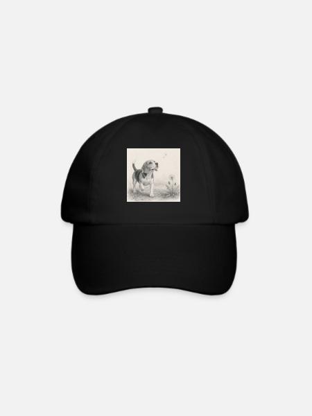 Beagle Bleistiftzeichnung mit Löwenzahn  - Baseballkappe - Schwarz/Schwarz