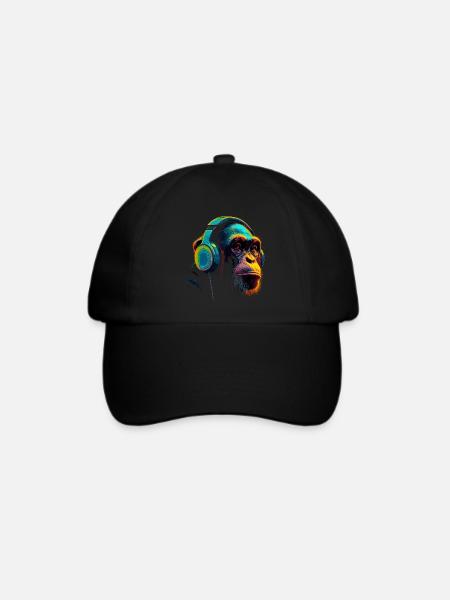 Affe Schimpanse mit Headset Kopfhörer DJ - Baseballkappe - Schwarz/Schwarz