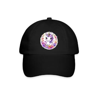 Einhorn mit bunten Blumen/Rosen - Sweet Unicorn - Baseballkappe - Schwarz/Schwarz - Vorne