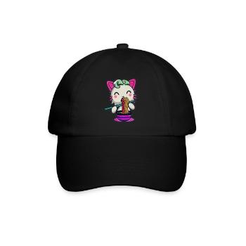 Axolotl Katze isst Ramen Nudeln - Baseballkappe - Schwarz/Schwarz - Vorne