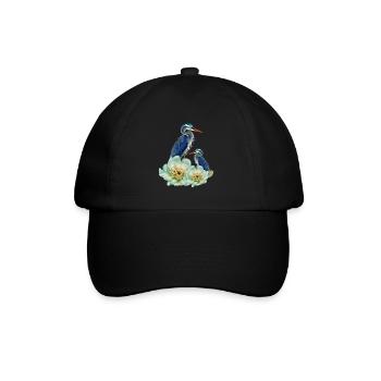 Der elegante Kranich mit Blumen - Baseballkappe - Schwarz/Schwarz - Vorne