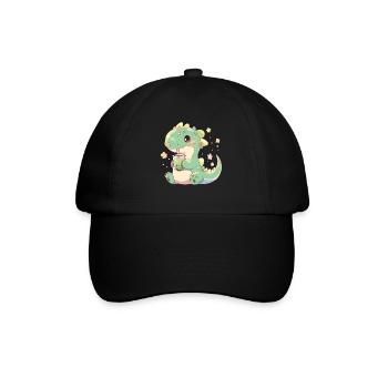Kawaii Dinosaurier trinkt Boba Bubble Tea Chibi - Baseballkappe - Schwarz/Schwarz - Vorne