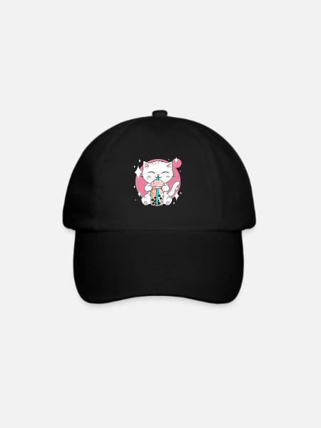 Kawaii Bubble Tea Katze Boba Milch - Baseballkappe - Schwarz/Schwarz