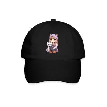 Kawaii Mädchen Anime Manga Mädchen und Katze - Baseballkappe - Schwarz/Schwarz - Vorne