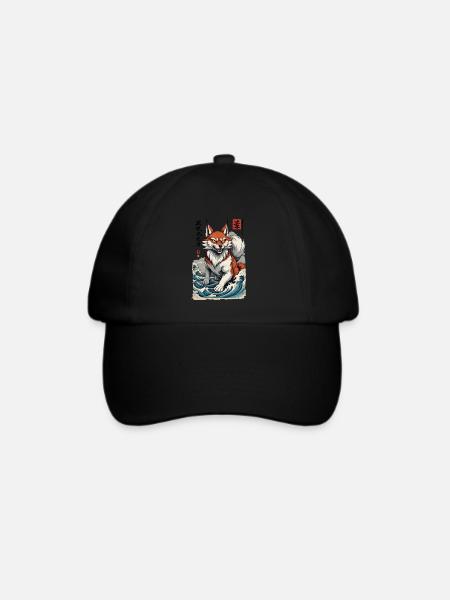 Vintage Ukiyo-E Stil Japanische Kitsune Fuchs - Baseballkappe - Schwarz/Schwarz