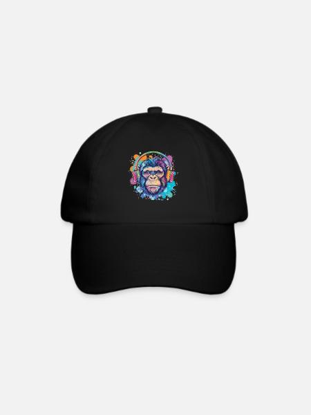 Affe Mit Kopfhörer Damen Deko Herren Geschenk - Baseballkappe - Schwarz/Schwarz
