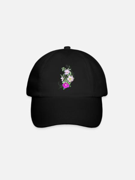 Wildrosenblüten und Ranke, Mixed Media Kunst - Baseballkappe - Schwarz/Schwarz