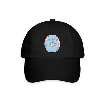 Blaue runde Kawaii Katze mit Kaffeebecher - Baseballkappe - Schwarz/Schwarz - Vorne