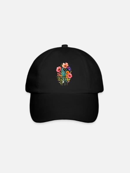 Aquarell Wildblumen Boho - Baseballkappe - Schwarz/Schwarz
