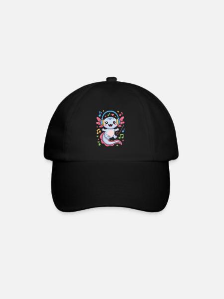 Kawaii Axolotl Mit Kopfhörern Und Musiknoten - Baseballkappe - Schwarz/Schwarz