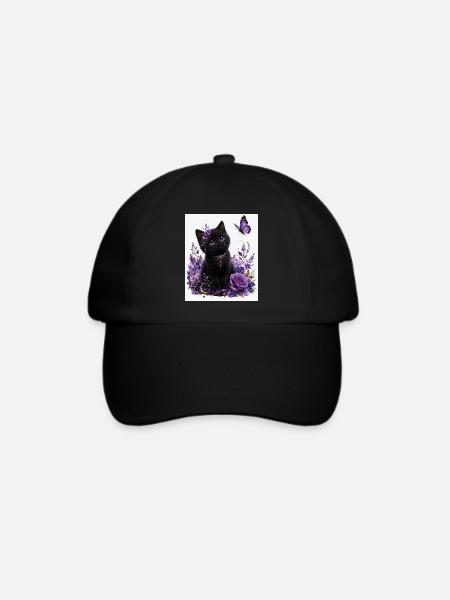 Lila-Schwarze Katze und Blumenschmetterling - Baseballkappe - Schwarz/Schwarz