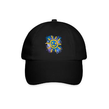 Lachende Sonne auf bunten Farbklecksen - Baseballkappe - Schwarz/Schwarz - Vorne