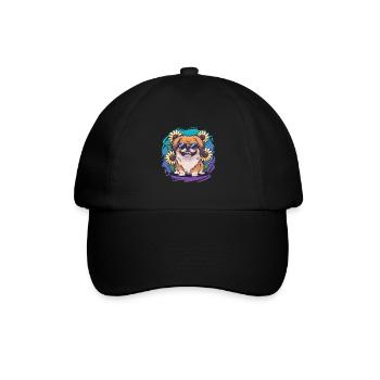 Sommerliches Sonnenblumenmotiv mit süßem Pekinese. - Baseballkappe - Schwarz/Schwarz - Vorne