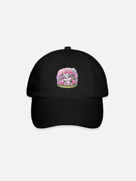 Süßes Kawaii Hase mit Rosen und Lavendel - Baseballkappe - Schwarz/Schwarz