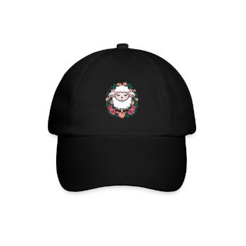 Kawaii Schaf mit Pfirsichen uund Rosen - Baseballkappe - Schwarz/Schwarz - Vorne