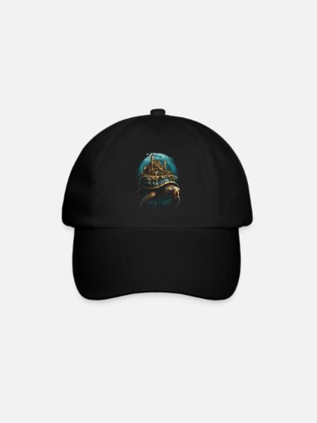 Steampunk Fantasy Stadt Schildkröte - Baseballkappe - Schwarz/Schwarz