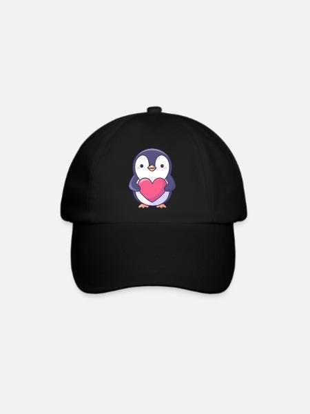 Pinguin mit rotem Herz - Entzückender Cartoon - Baseballkappe - Schwarz/Schwarz