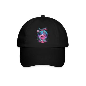 Flamingo auf Rollschuhen - Retro 80er - Baseballkappe - Schwarz/Schwarz - Vorne