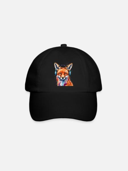 Fuchs Kopfhörer Musik Bunt Tier Design Print - Baseballkappe - Schwarz/Schwarz