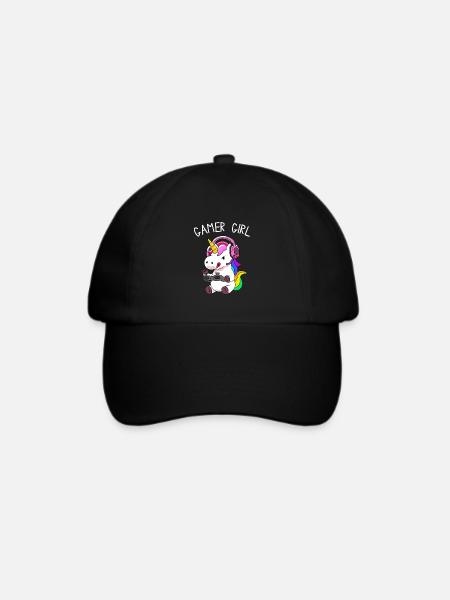 Gamer Girl Einhorn mit bunten Haaren - Baseballkappe - Schwarz/Schwarz