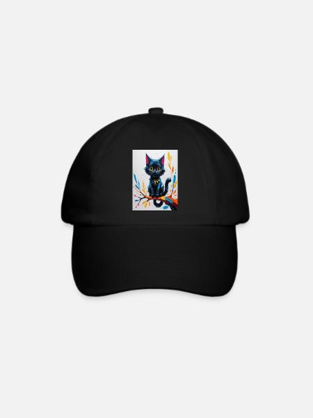 Hellschwarze Katze auf bunten Ast - Baseballkappe - Schwarz/Schwarz
