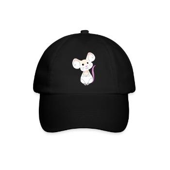 Hand gezeichnete weiße Maus sitzend - Baseballkappe - Schwarz/Schwarz - Vorne