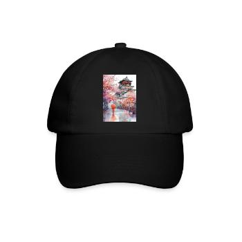 Japanische Pagode und Kirschblüten - Baseballkappe - Schwarz/Schwarz - Vorne