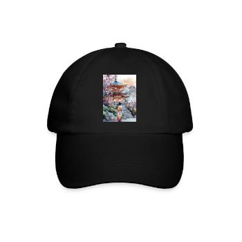 Kimono-Pagode und Kirschbäume - Baseballkappe - Schwarz/Schwarz - Vorne