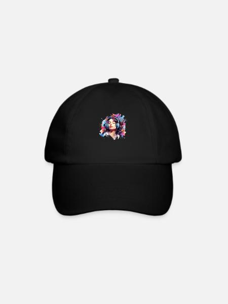 Frau hört Musik mit Kopfhörern - Baseballkappe - Schwarz/Schwarz