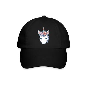 Einhornkopf mit Blumen, weiche Pastell-Fantasy-Kunst - Baseballkappe - Schwarz/Schwarz - Vorne