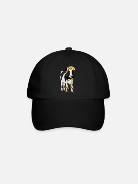 Holstein Kuh mit Blumen - Sonnenblumen - Baseballkappe - Schwarz/Schwarz