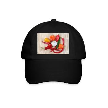 Bunte Chilischoten und Knoblauch - Baseballkappe - Schwarz/Schwarz - Vorne