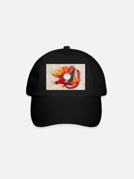 Bunte Chilischoten und Knoblauch - Baseballkappe - Schwarz/Schwarz