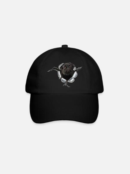 Mops Schwarz im Metall Loch - Baseballkappe - Schwarz/Schwarz