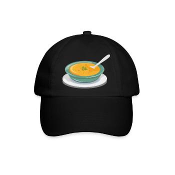 Gemüsesuppe in einem Teller mit einem Löffel - Baseballkappe - Schwarz/Schwarz - Vorne