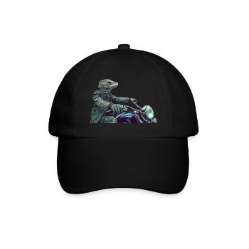 Reptil in Grün auf einem Motorrad - Baseballkappe - Schwarz/Schwarz - Vorne