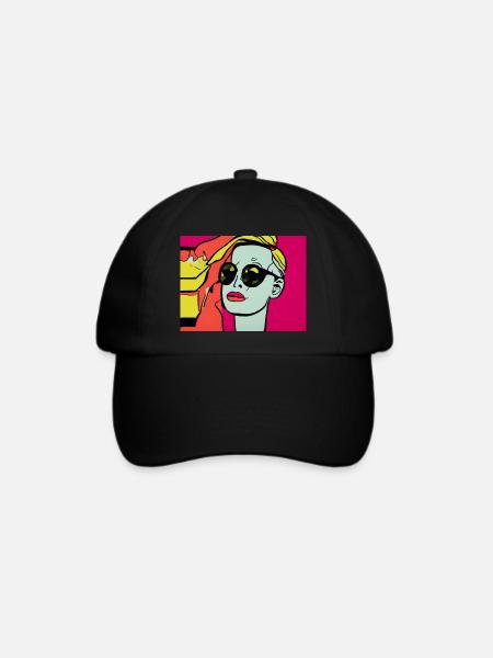 Pop Art - Frau mit Sonnebrille - Baseballkappe - Schwarz/Schwarz