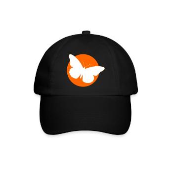 Weiße Schmetterlingssilhouette – Orange Circle Art - Baseballkappe - Schwarz/Schwarz - Vorne