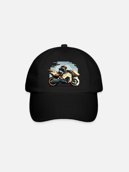 Eine Bikerin fährt das 8 Bit Motorrad der Zukunft - Baseballkappe - Schwarz/Schwarz