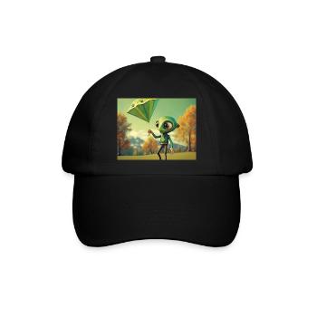 niedlich klein grün retro vintage alien fliegen einen drachen fliegen - Baseballkappe - Schwarz/Schwarz - Vorne